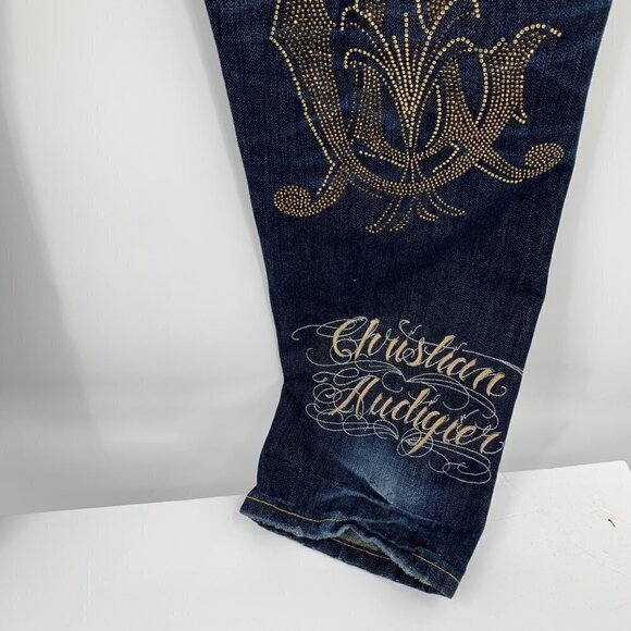 Christian Audigier embellished jeans embroidery skull stud crown blue Y2K men 32 - Picture 5 of 14